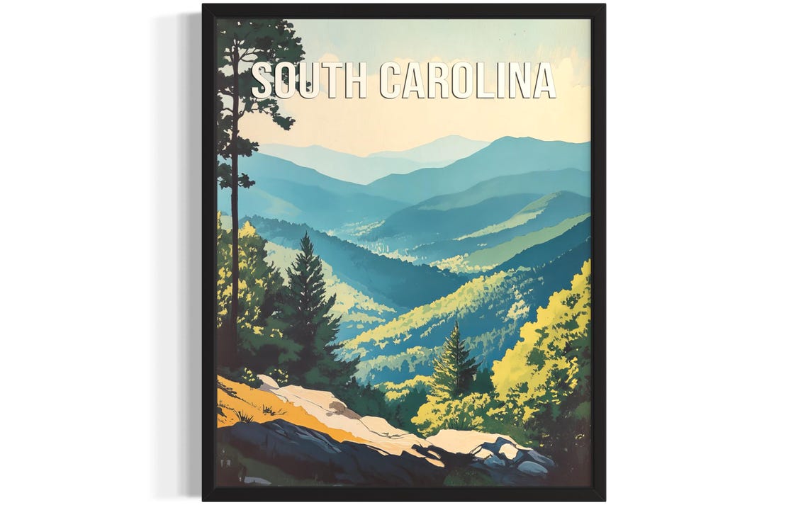South Carolina Blue Ridge Mountain Layered Vista Vintage Style Poster