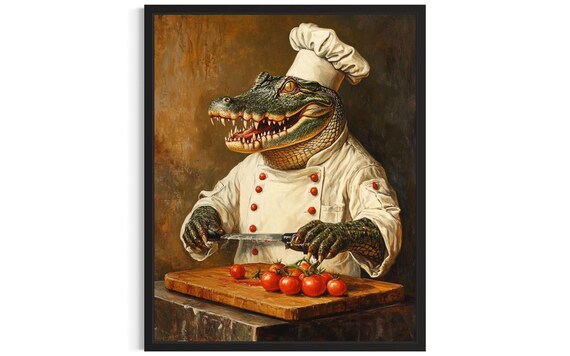 Alligator Chef Chopping Tomatoes Oil Painting Kitchen Art Poster
