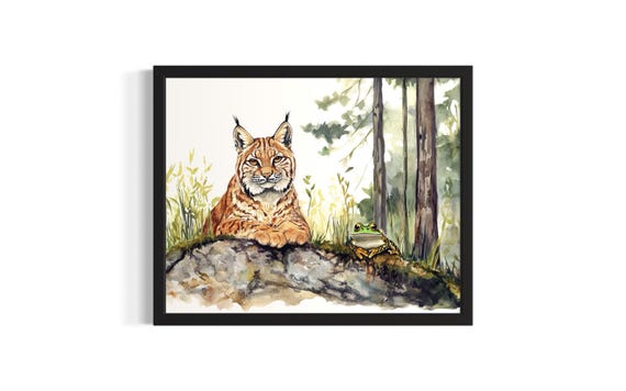 Bobcat And Frog Animal In Harmony Forest Wildlife Poster Art Print Living Room Wall Original Painting Artwork Decor