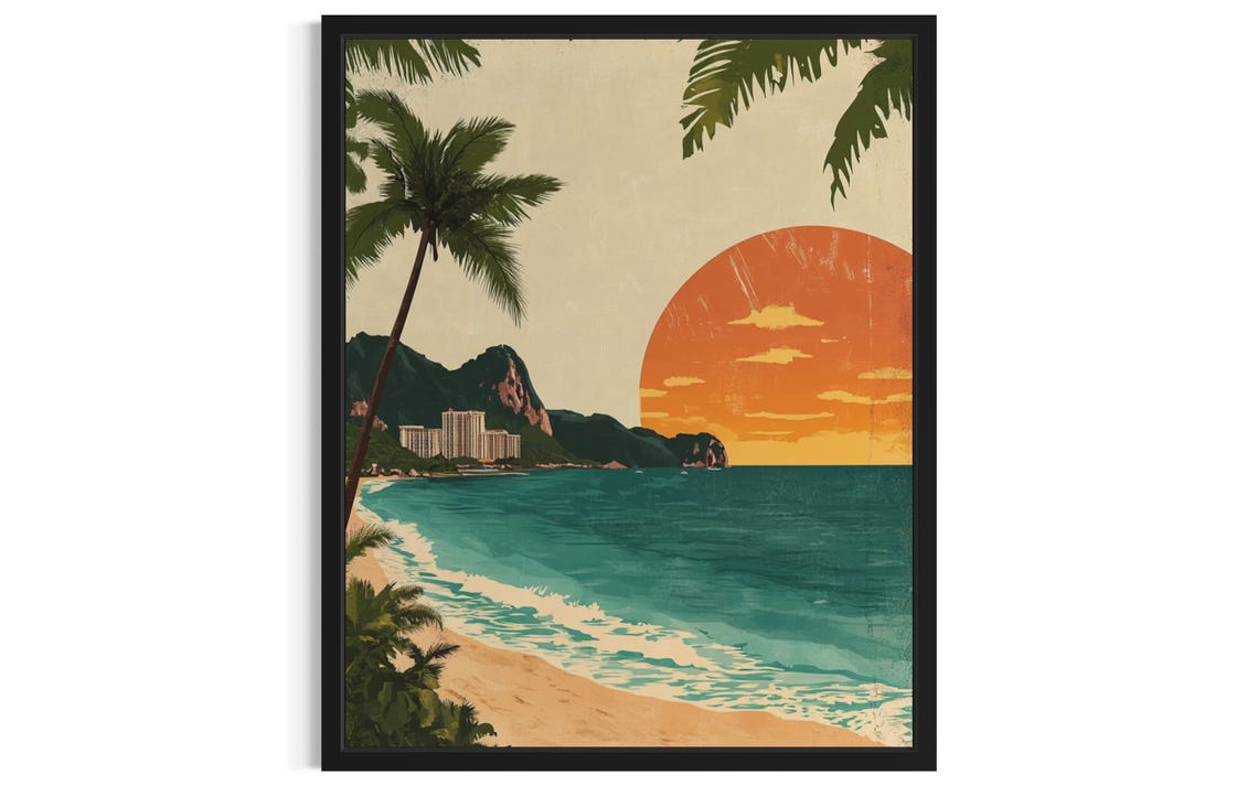 Phuket Beach Retro Sunset Travel Poster Palm Trees Island View