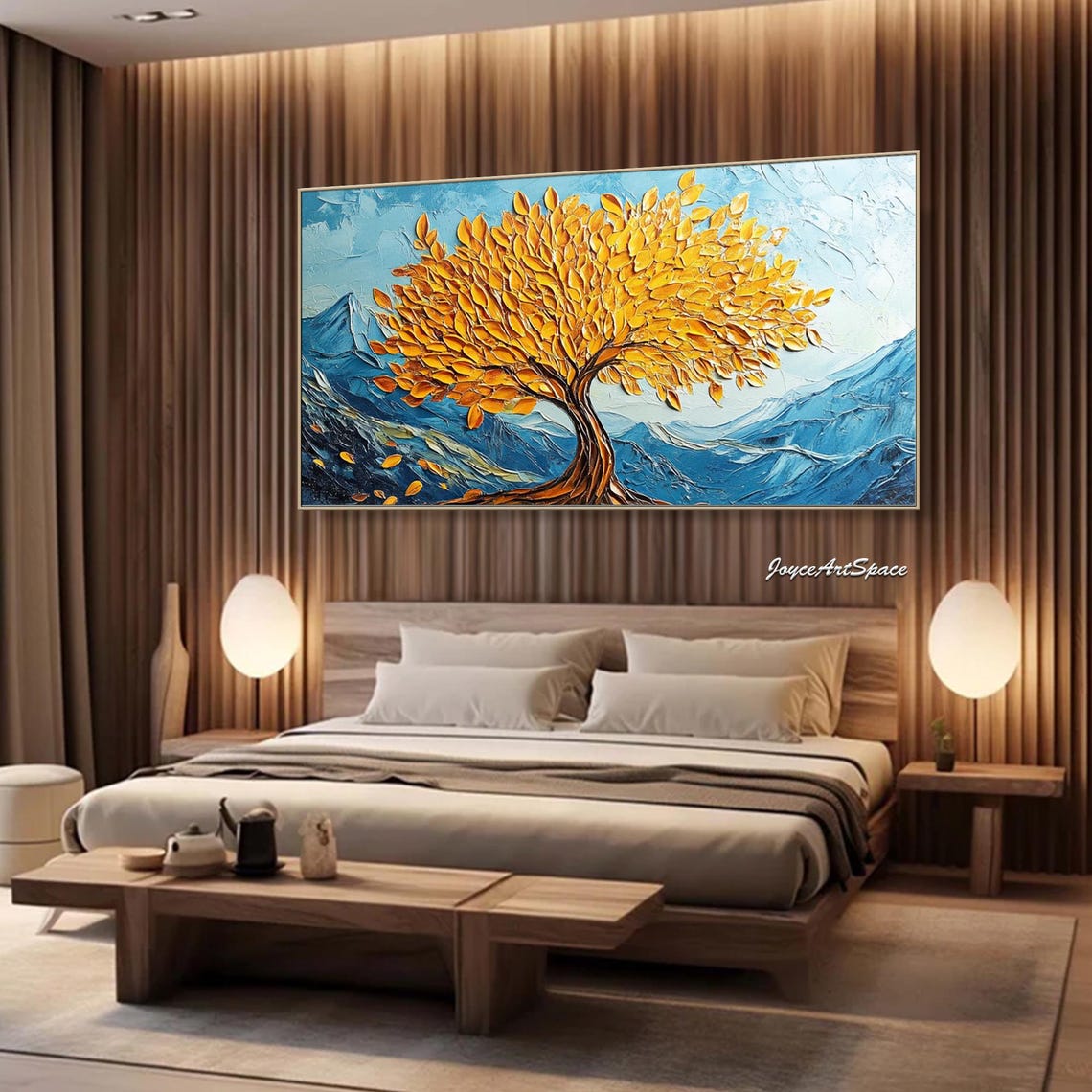 Golden Tree of Life 3D Impasto Blue Mountain Landscape Wall Art - Image 5