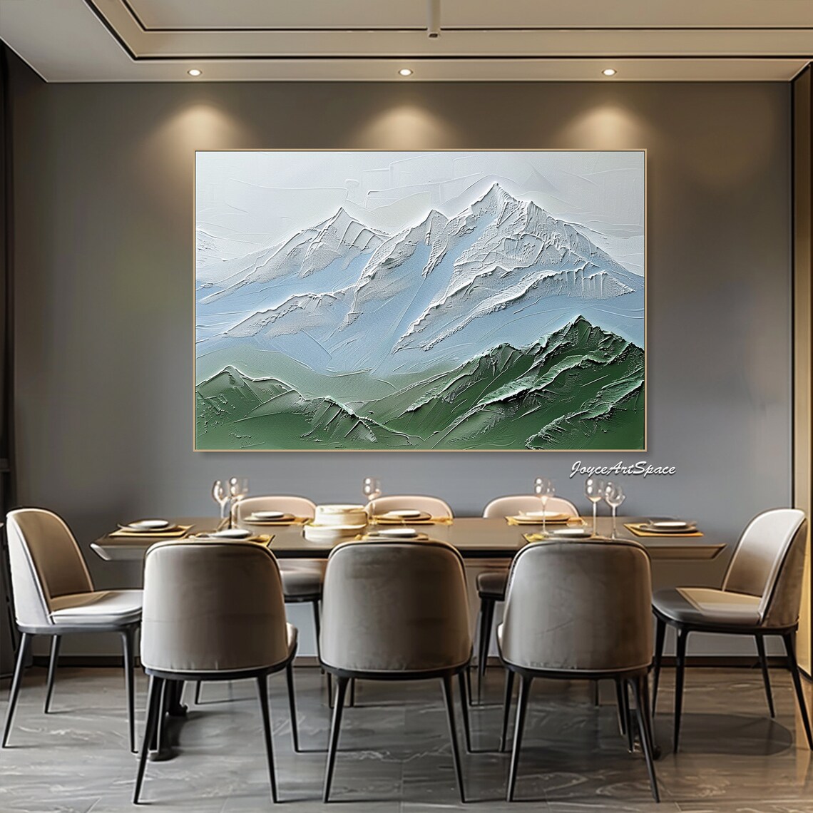 Green Snowy Mountain Range Textured 3D Impasto Landscape Oil Poster - Image 3