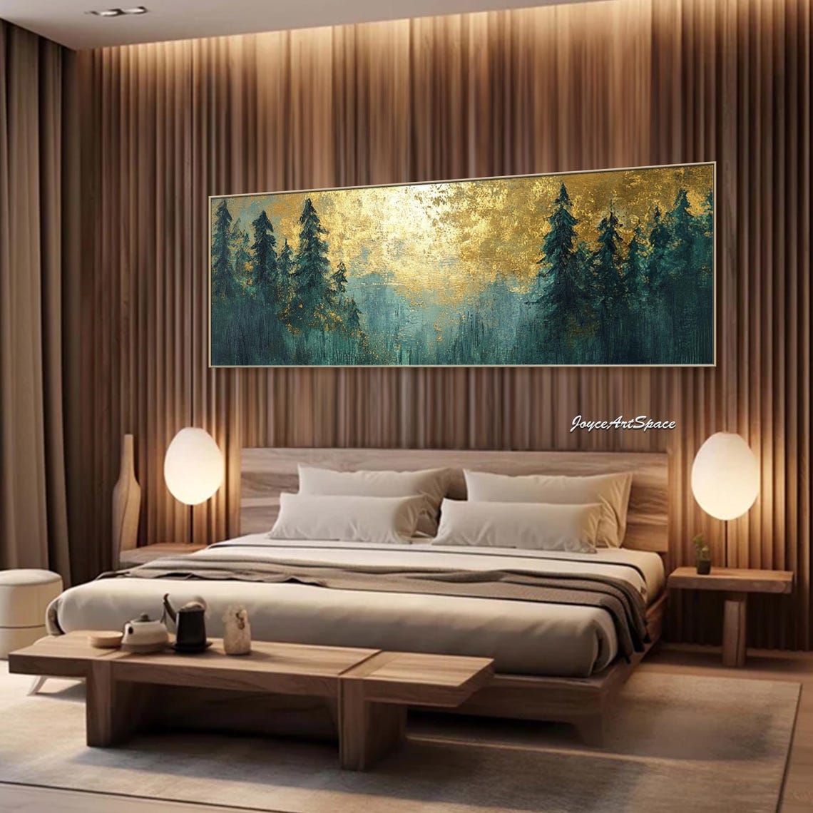 Golden Glowing Pine Forest Silhouette Sunrise 3D Textured Wall Art - Image 3