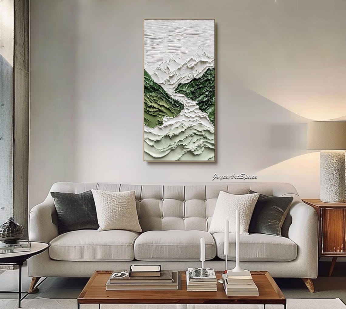 Green White Snowy Mountain Valley Textured 3D Vertical Art Poster - Image 3