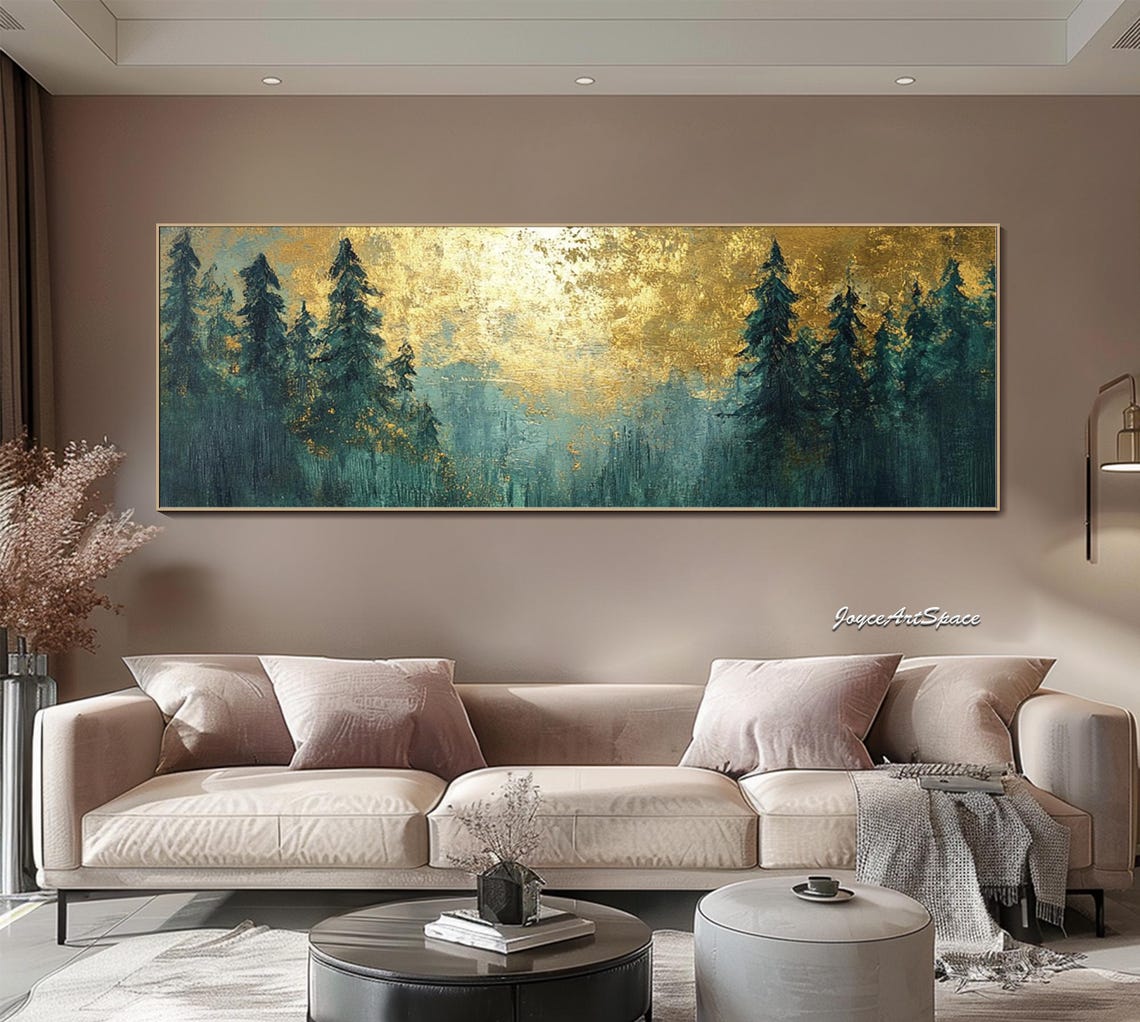 Golden Glowing Pine Forest Silhouette Sunrise 3D Textured Wall Art - Image 2