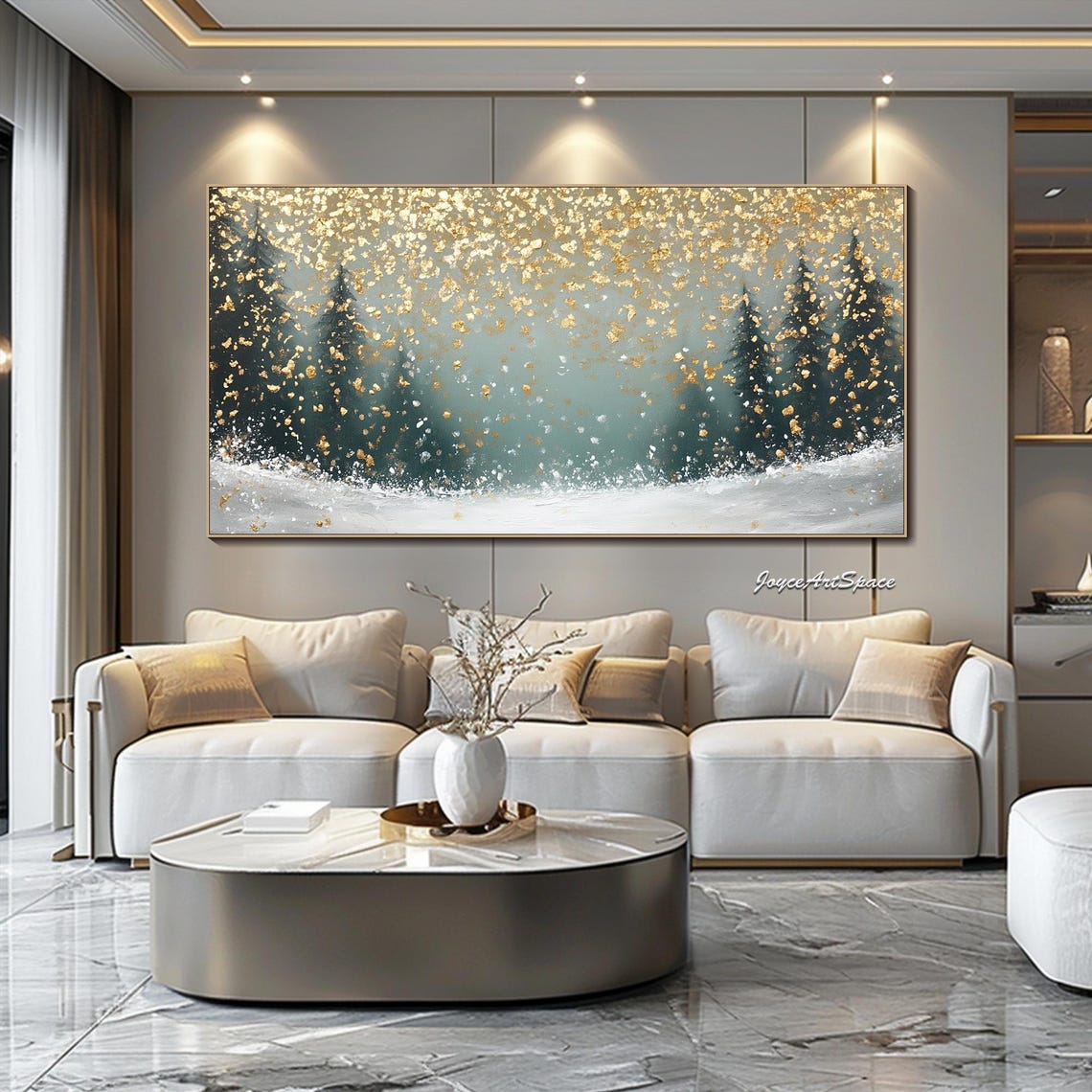 Snowy Winter Forest Gold Leaf Abstract Textured Oil Painting Art Print - Image 3