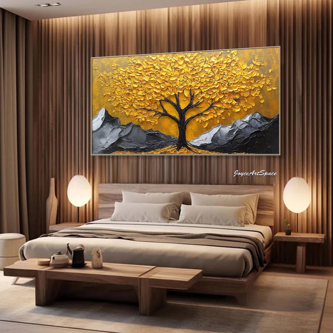 Golden Tree Black Mountains Dramatic Gold Sky 3D Impasto Wall Art - Image 3