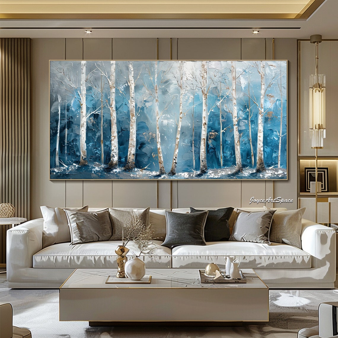 White Birch Trees Teal Textured 3D Forest Oil Painting Poster - Image 2
