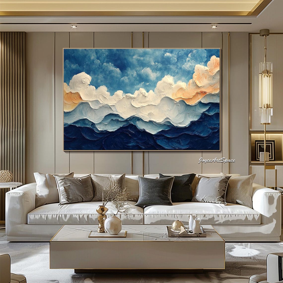 Deep Blue Ocean Waves White Foam Abstract 3D Impasto Wall Art - Image 5