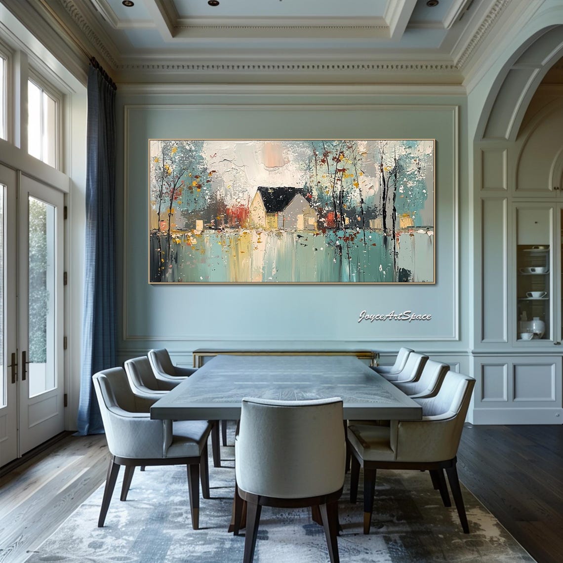 Cottage By Teal Water Abstract Textured 3D Lakeside Art Poster - Image 5