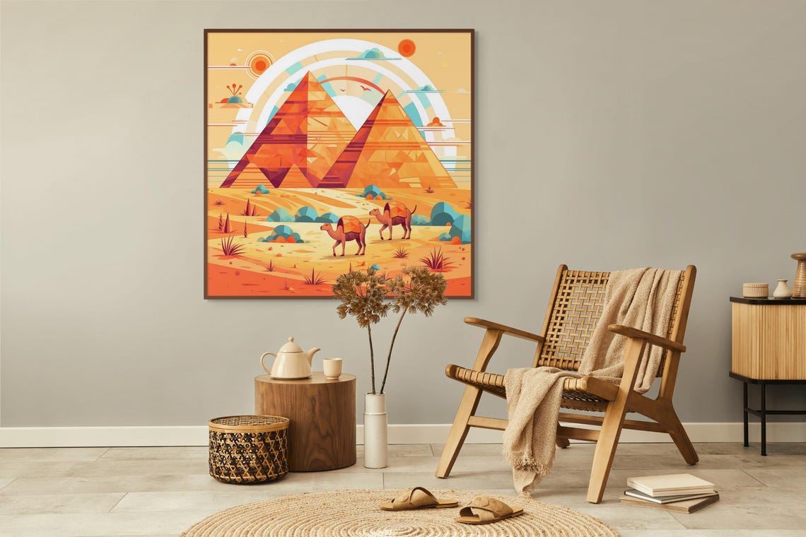 Geometric Egypt Pyramids Camel Caravan Desert Illustration Poster