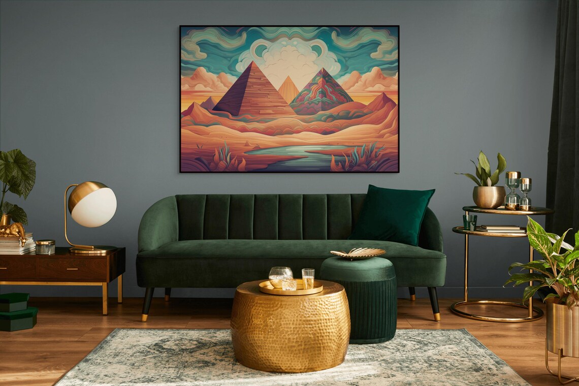 Egyptian Pyramids Surreal Sunset Desert Landscape Poster in Warm Color - Image 3