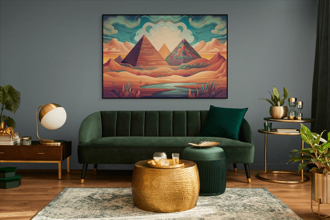 Egyptian Pyramids Surreal Sunset Wall Art Vibrant Desert Landscape Boho Decor - Image 3