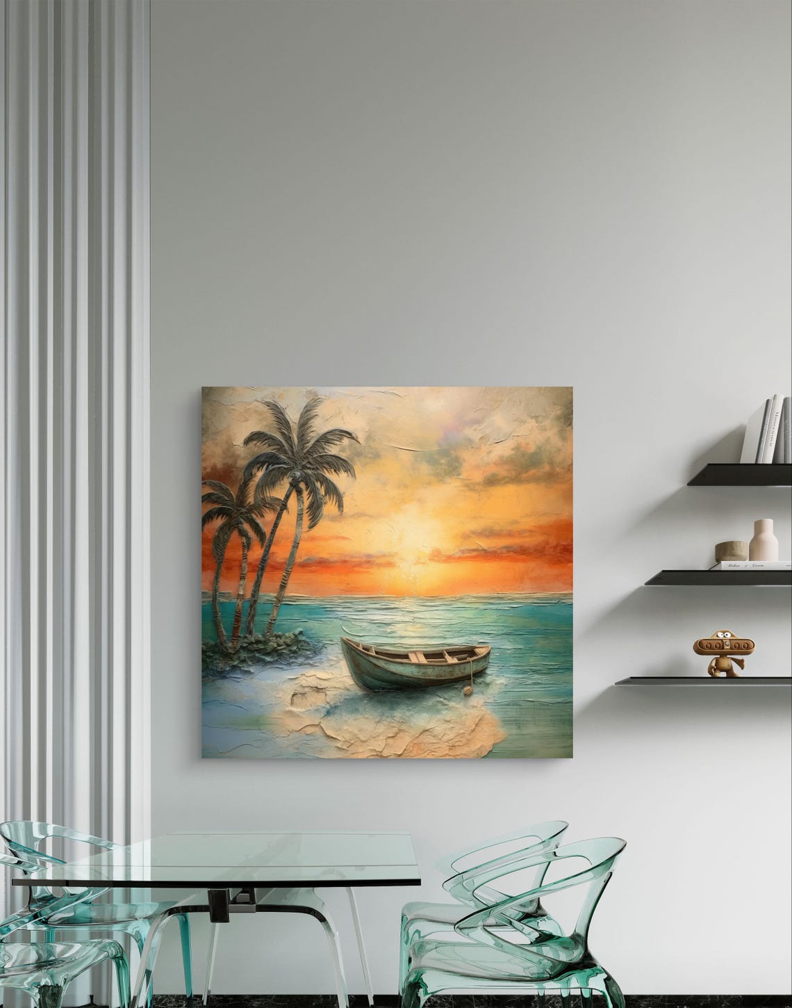 Tropical Beach Sunset with Boat and Palm Trees Coastal Poster - Image 2