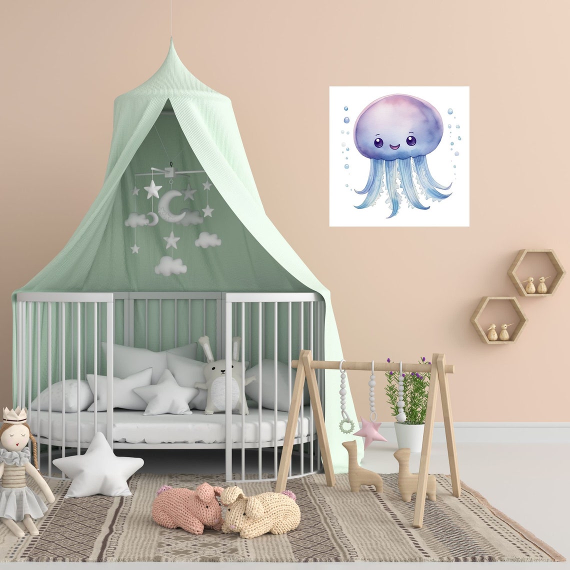 Smiling Baby Jellyfish Watercolor Bubbles Ocean Nursery Poster - Image 5