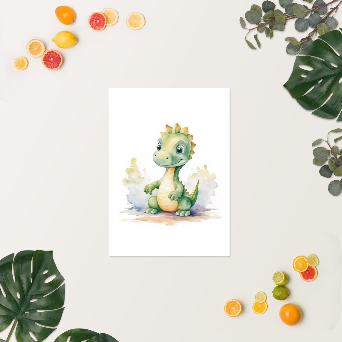 Smiling Baby Dinosaur Watercolor Splash Green Nursery Wall Art - Image 2