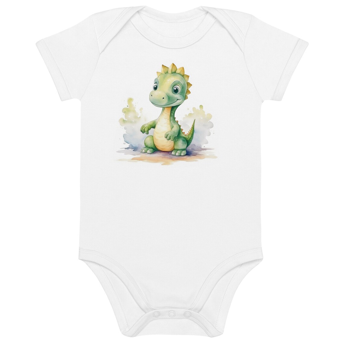Baby Dinosaur Watercolor Design Shown On White Baby Onesie Print