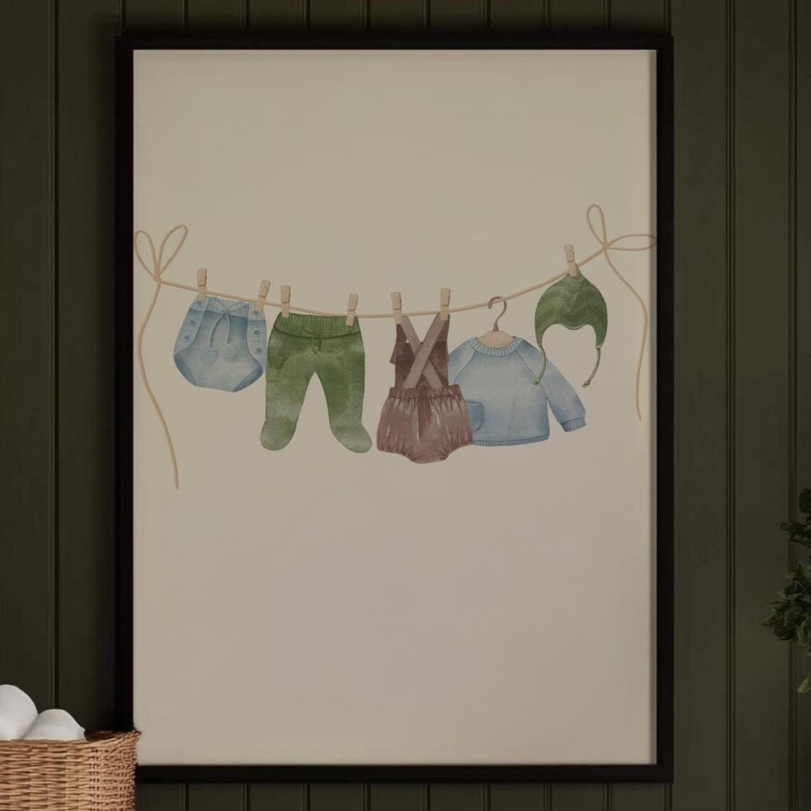 Baby Boy Clothesline Watercolor Bodysuits Blue Green Nursery Wall Art - Image 2