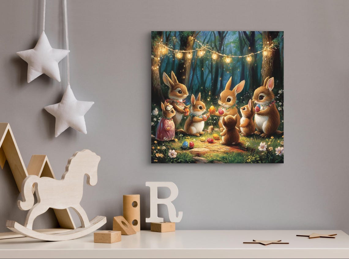 Bunny Family Easter Egg Hunt Enchanted Forest String Lights Art Poster