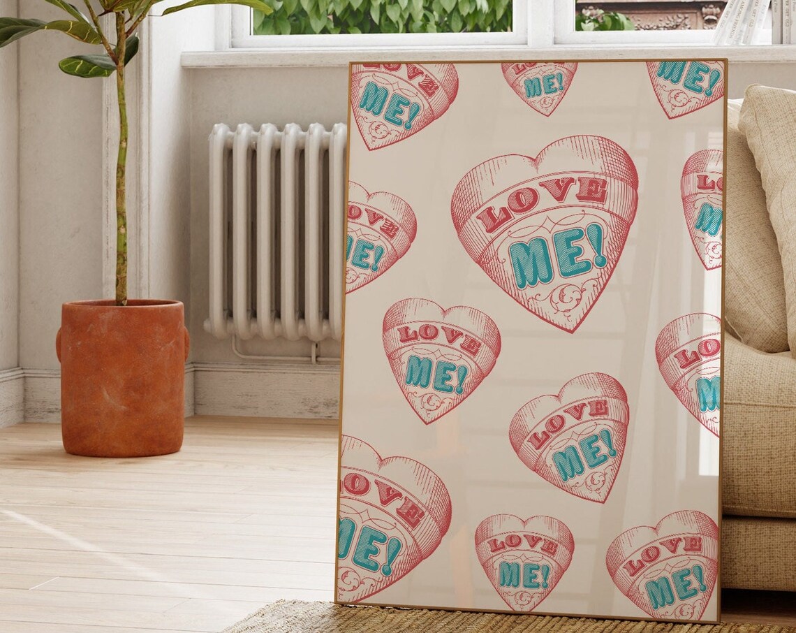 Love Me Tattoo Heart Pattern Vintage Maximalist Pink Wall Art - Image 3