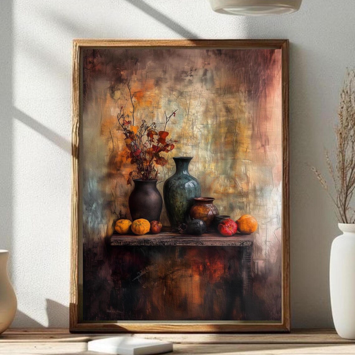 Rustic Autumn Still Life Pottery Vases and Fruit Oil Painting Poster