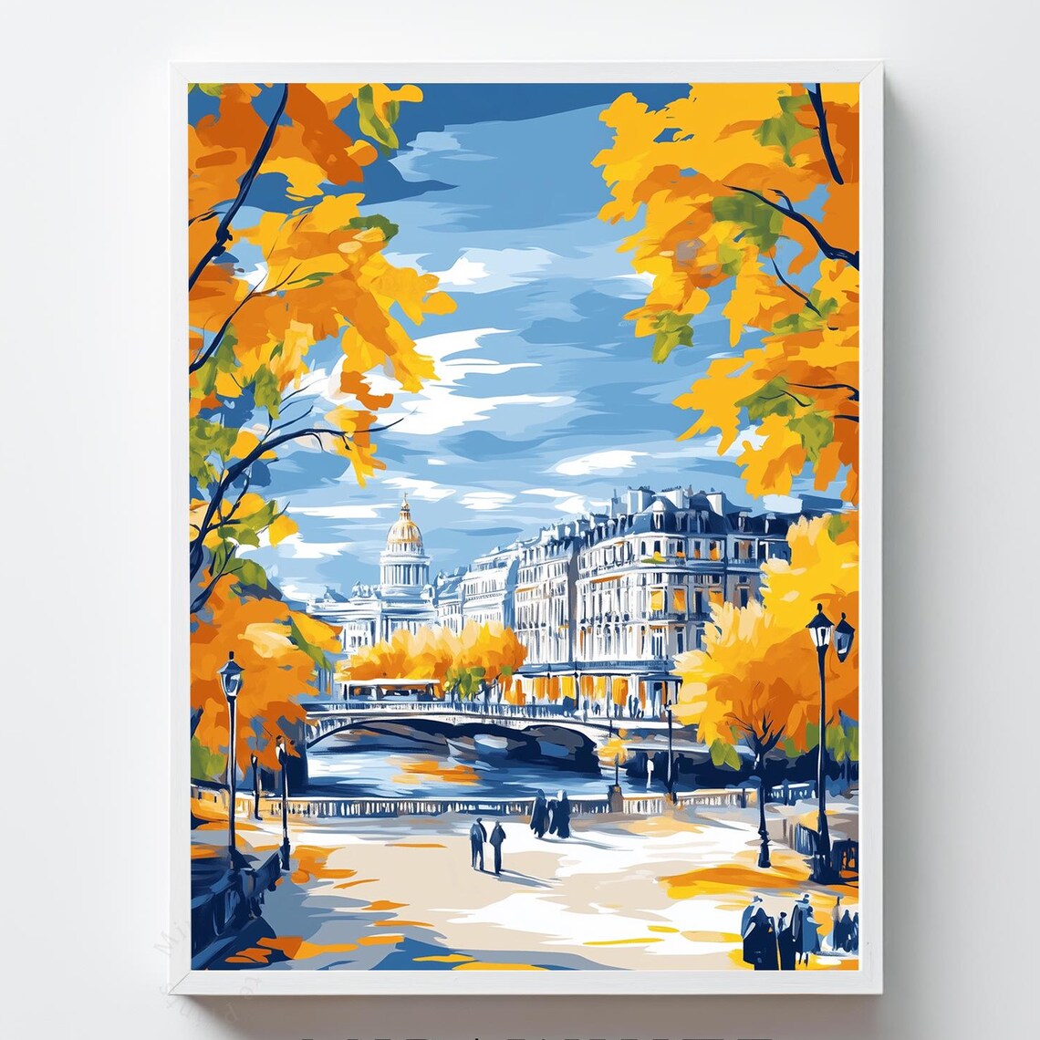 Paris Autumn Riverside Seine Bridge Golden Cityscape Art Poster
