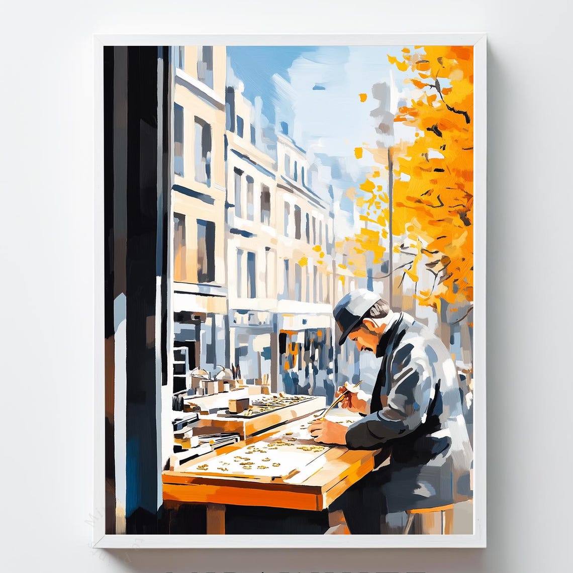 Vintage Jeweler Crafting at Workbench Autumn Street Painting Poster