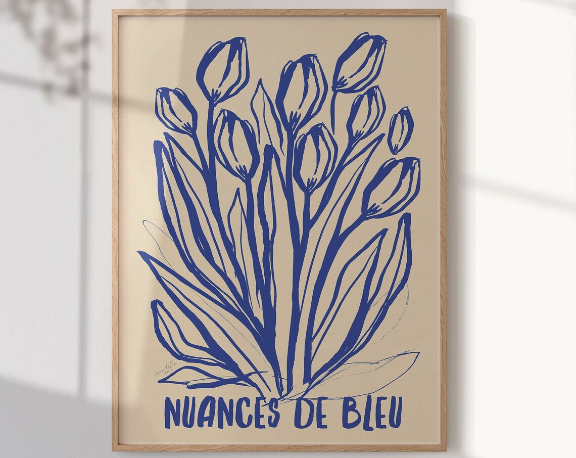 Nuances de Bleu Blue Ink Tulips French Botanical Art Print Decor