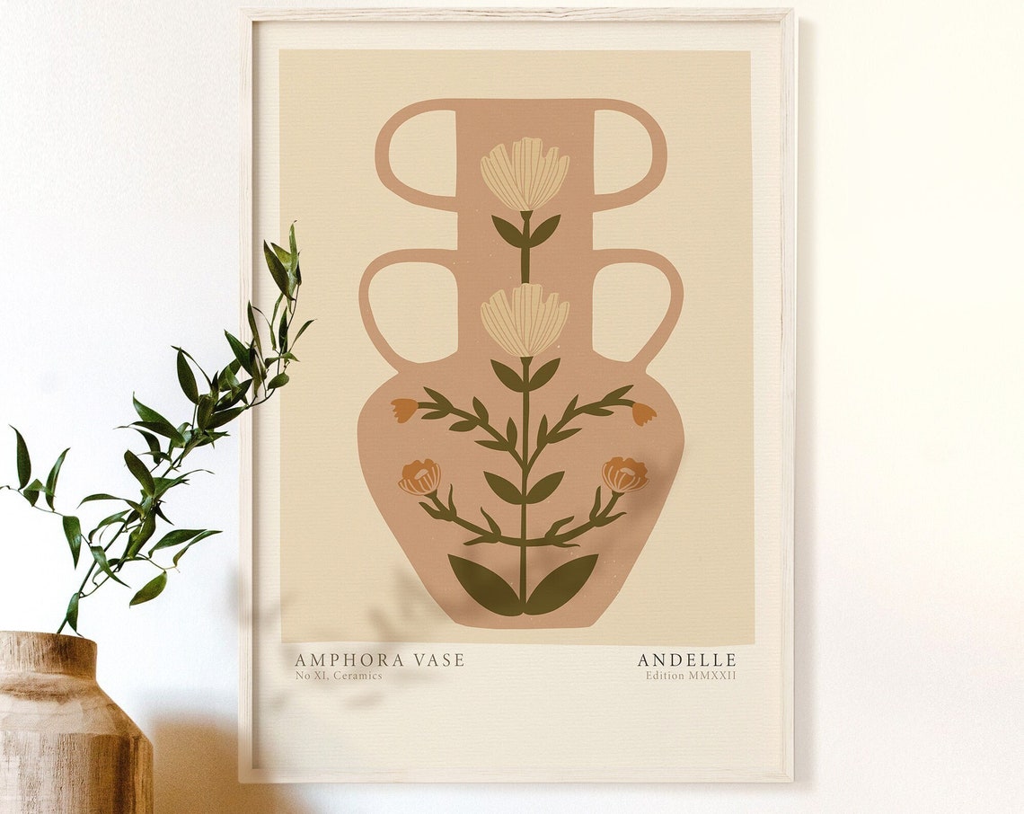 Terracotta Amphora Vase No XI With Cream Flowers Boho Art Poster