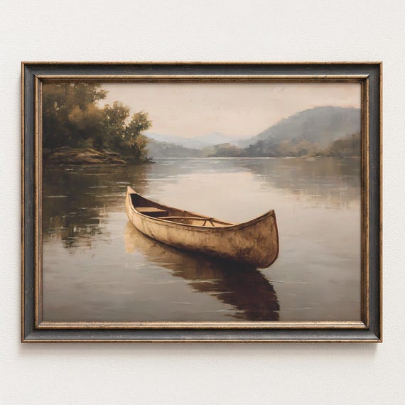 Rustic Canoe Wall Art Lake House Decor Vintage Neutral Nature Lodge Cabin Peaceful Water Artwork