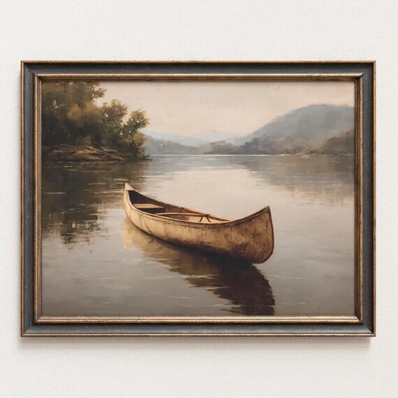 Rustic Wooden Canoe on Misty Calm Lake Vintage Landscape Wall Art