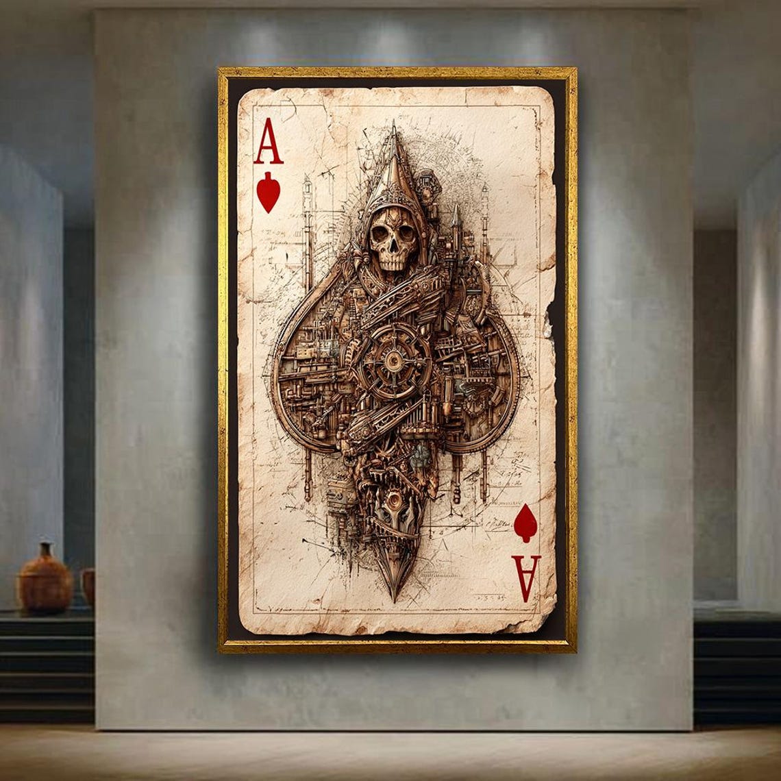 Steampunk Skull Ace Wall Art Print Gothic Playing Card Poster Dark Fantasy Spade Illustration Vintage Macabre Decor