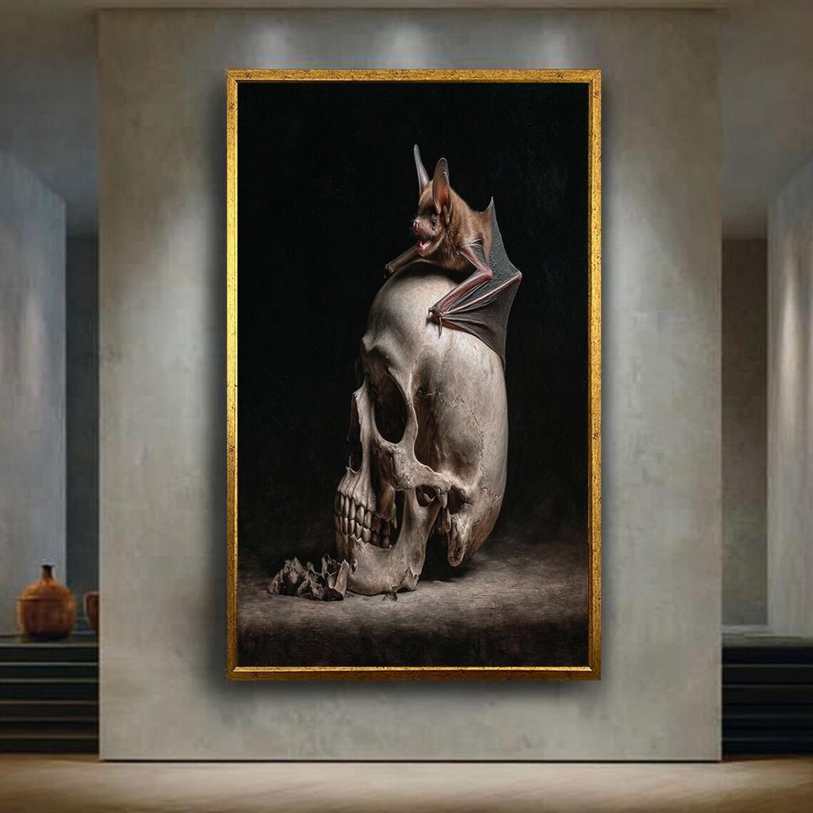 Dark Gothic Art Bat On Skull Print Horror Fantasy Illustration For Macabre Decor Haunted Wall Poster