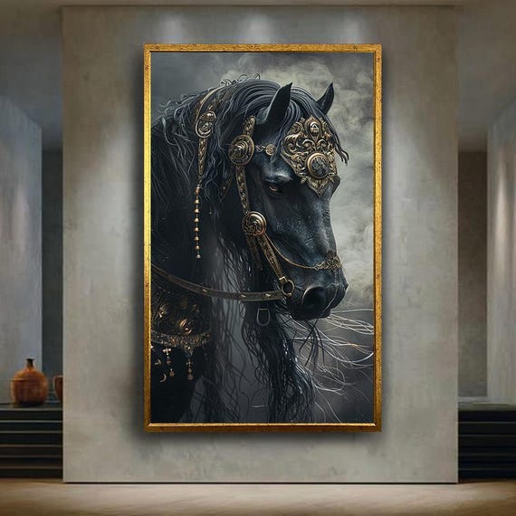 Mystical Black Horse Wall Art Fantasy Canvas Print Royal Gold Armor Poster For Gothic Animal Decor Or Medieval