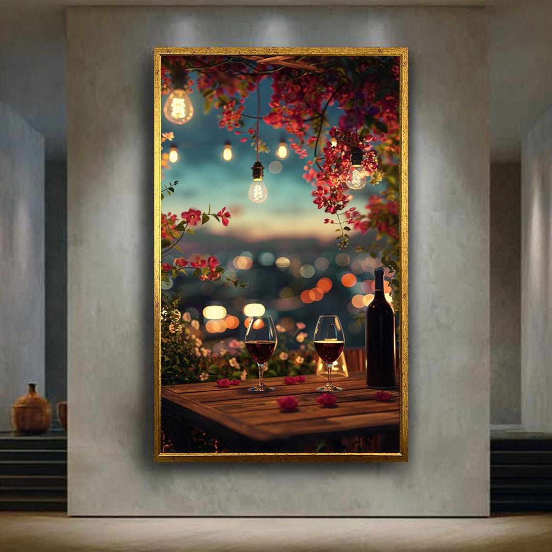 Romantic Wine Evening String Lights Bougainvillea Date Poster