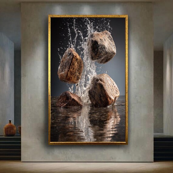 Levitating Stones with Water Splash Dramatic Black Art Poster