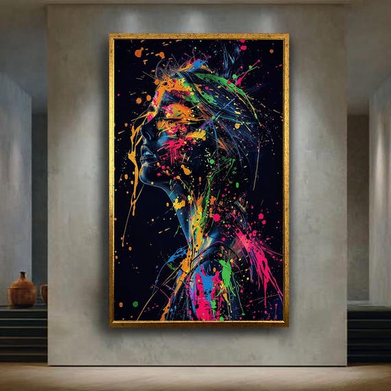 Neon Paint Splash Woman Canvas Wall Art Vibrant Abstract Side Profile Portrait Colorful Modern Print For Contemporary Decor