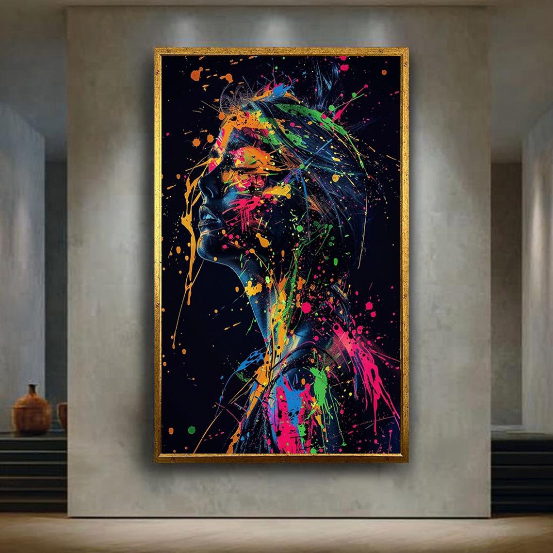 Neon Color Splash Silhouette Woman Abstract Splatter Art Poster