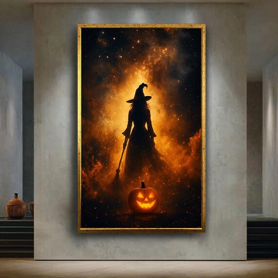 Halloween Witch And Pumpkin Canvas Wall Art Spooky Jack O Lantern Print Dark Fantasy Artwork For Gothic Or Seasonal Home Decor