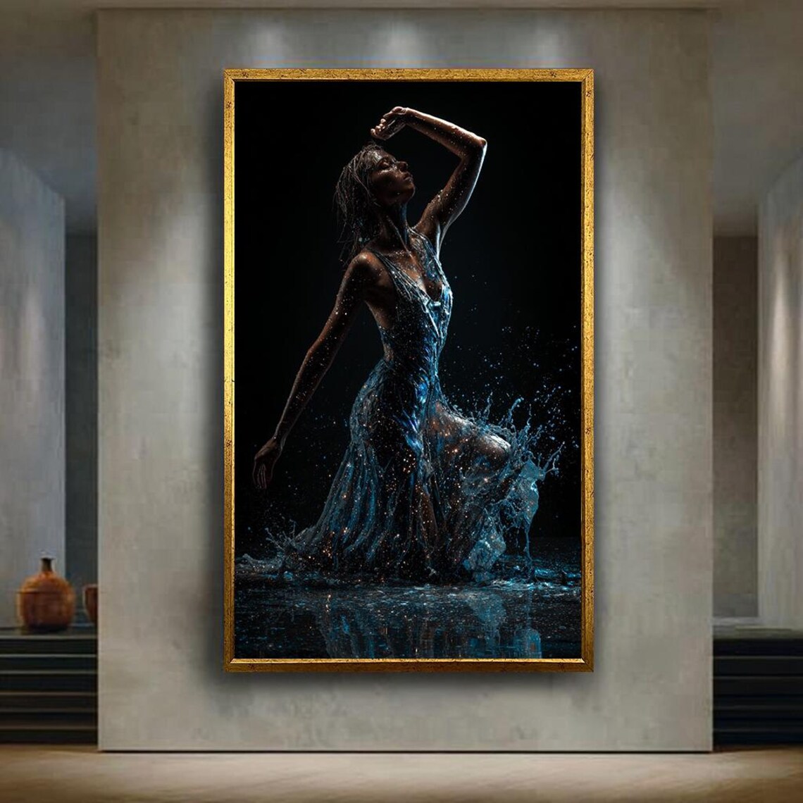 Water Splash Dancer Art Print Powerful Woman In Motion Fluid Elegance Blue Abstract Canvas Modern Wall Decor For Dance Lovers