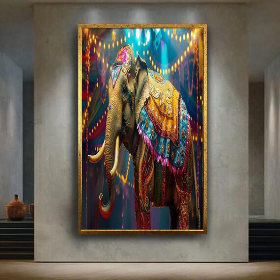 Colorful Elephant Wall Art Canvas Festival Style Print For Boho Decor Exotic Animal Living Room