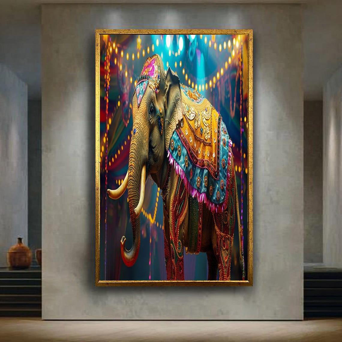 Colorful Festival Elephant Jeweled Caparison Boho Decor Wall Art