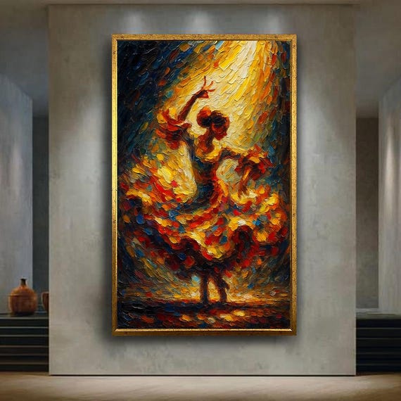 Flamenco Dancer Under Spotlight Oil Painting Passionate Dance Wall Art Colorful Impressionist Style Poster For Creative Home Decor