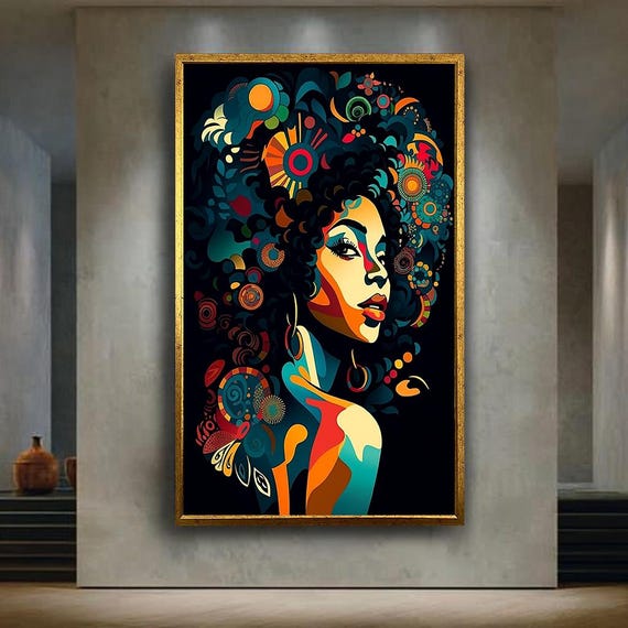 Afro Woman Pop Art Portrait Colorful Retro Style Poster Abstract Female Wall Print For Studio Room Or Bold Home Decor