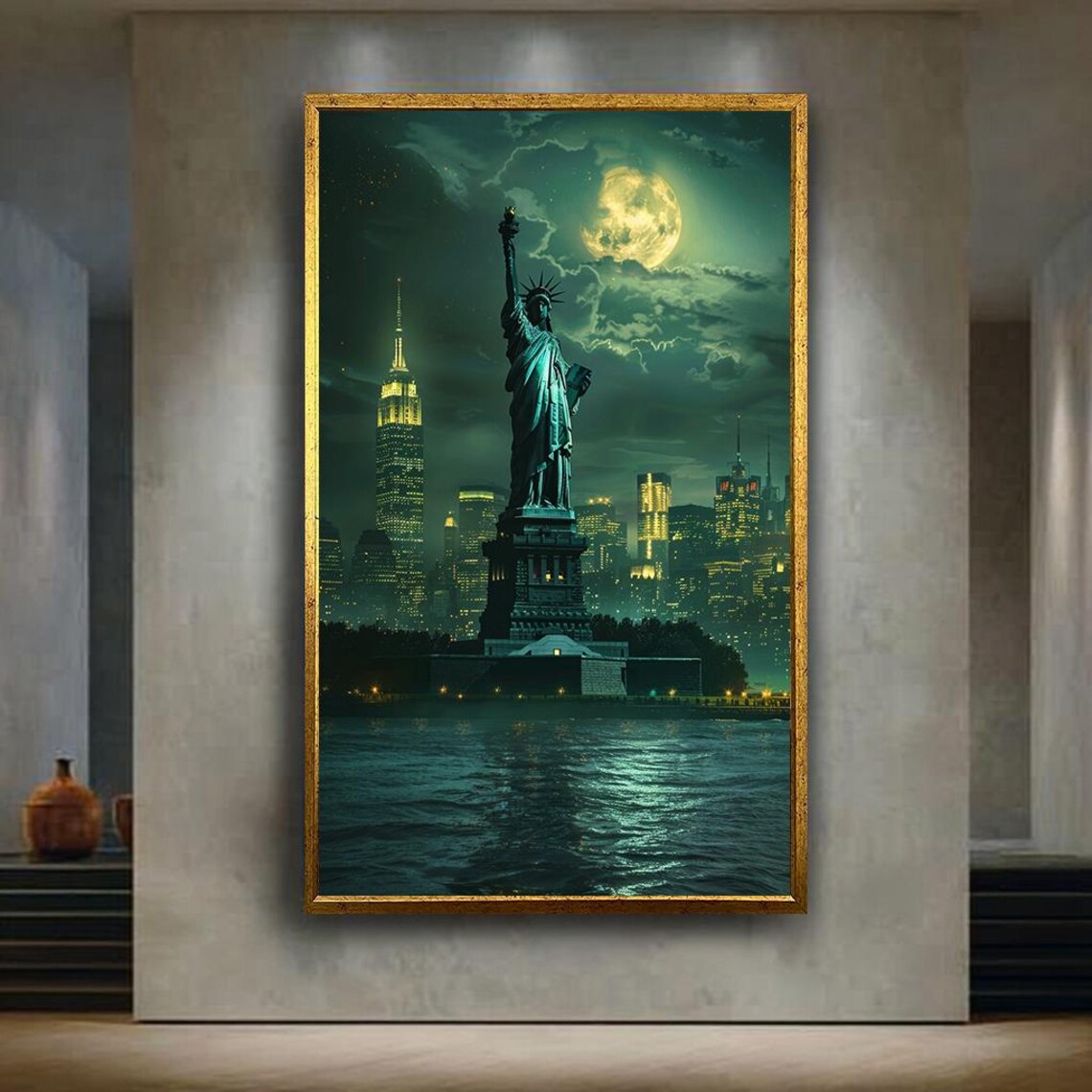 Statue of Liberty Under Full Moon New York City Night Skyline Poster