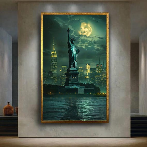 Statue Of Liberty Full Moon Canvas Wall Art New York City Skyline Artwork For Home Decor Gift Travel And Lovers