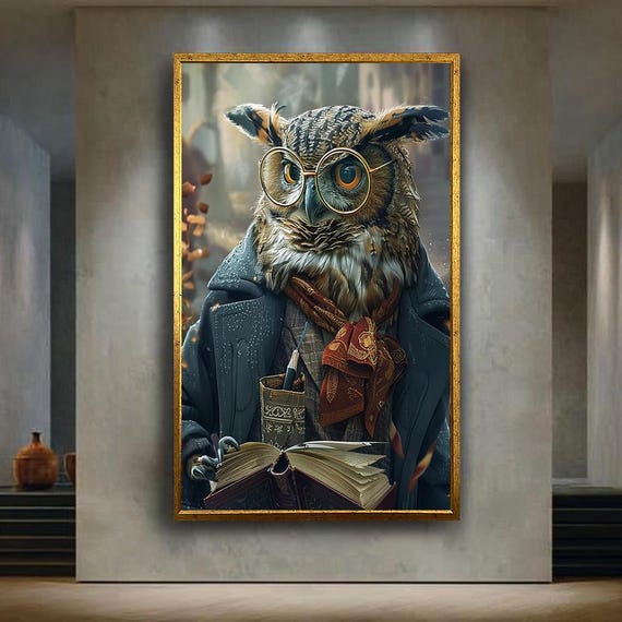Intellectual Owl Canvas Wall Art Whimsical Autumn Animal Portrait With Glasses And Book Cozy Academic Decor For Library Or Study