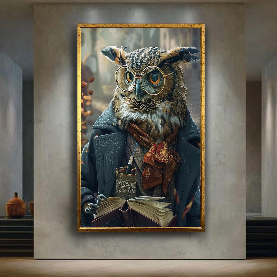 Intellectual Owl Canvas Wall Art Whimsical Autumn Animal Portrait With Glasses And Book Cozy Academic Decor For Library Or Study