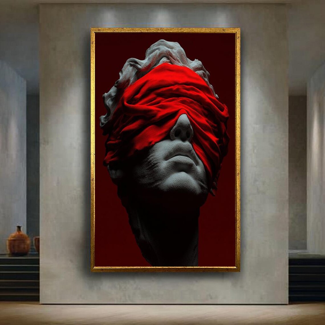 Blindfolded Marble Statue Wall Art Red Cloth Surreal Greek Bust Poster Dark Minimal Modern Abstract Sculpture Print