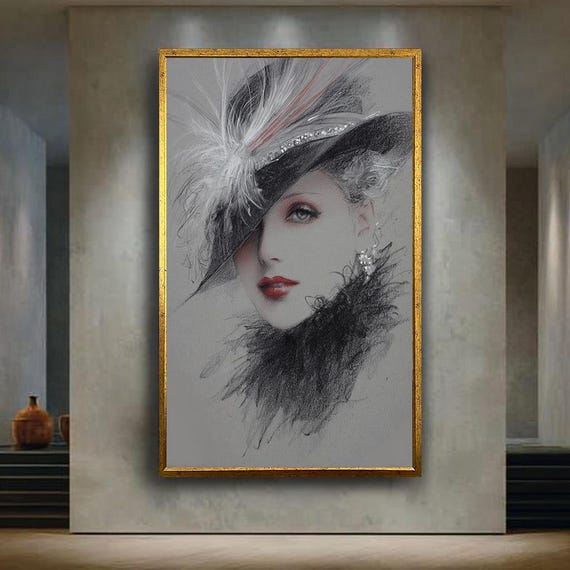 Vintage Glamour Woman Portrait Canvas Wall Art With Feather Hat And Red Lips Elegant Retro Fashion Illustration For Home Decor